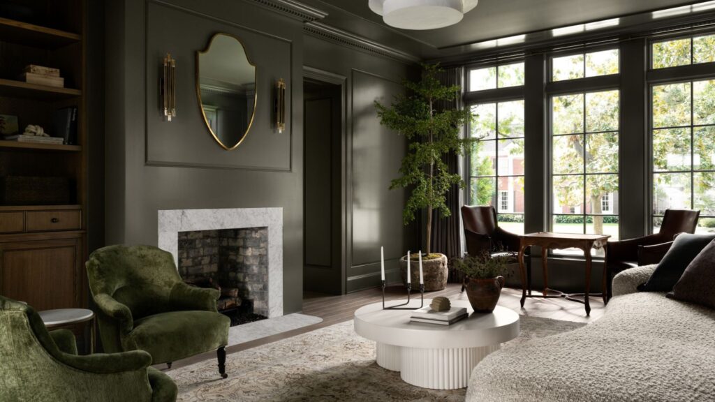 Dark green interior and fashion aesthetic